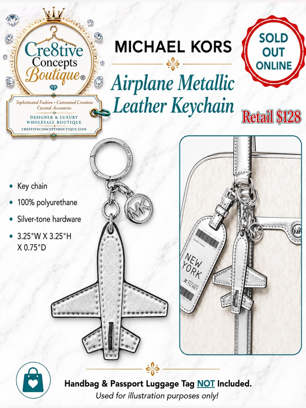 Michael KORS, Airplane Metallic Leather 
Key Ring/Bag Charm-Silver-One